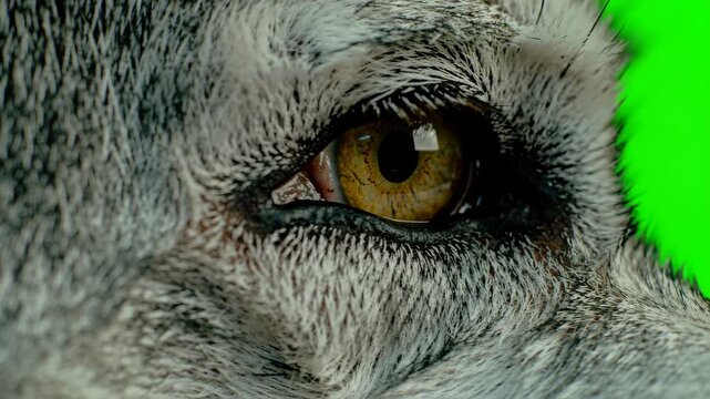 Extreme close up of wild animal eye with green screen background