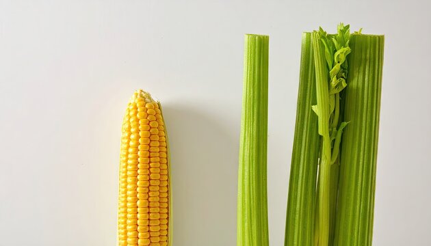 Close up corn and celery on white background.