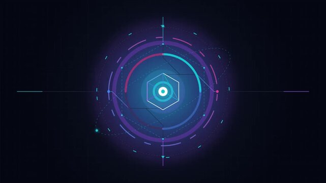 Futuristic full screen crypto tech loading animation featuring a pulsating quantum energy core, rotating concentric rings, circuit paths, and geometric motion graphics in seamless loop.