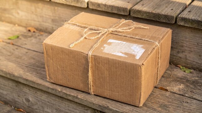 Brown cardboard parcel tied with twine rope on wooden stairs