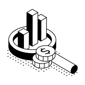 Isometric illustration of a magnifying glass inspecting charts and coins, shown with crisp lines and dimensional depth for a polished fintech concept.