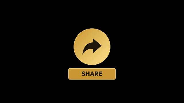 Animated golden share icon with button and particles on black background, representing social media sharing and content distribution