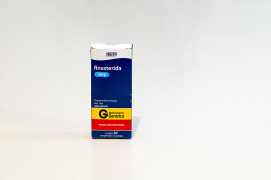 Brazil, Sep 8, 2025: Box of Finasteride 1mg generic medication by Teuto on a white background