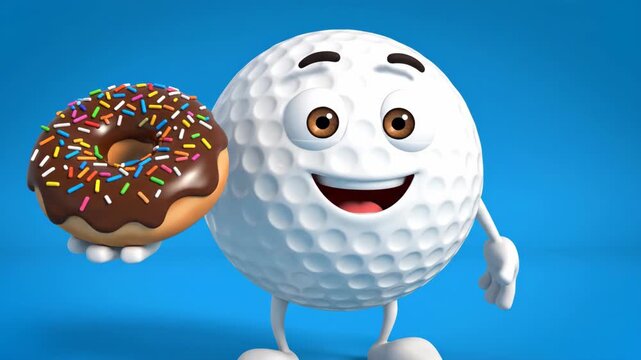 Happy Golf Ball Character Holding a Delicious Chocolate Donut with Sprinkles on a Blue Background.
