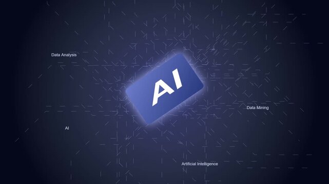 Artificial intelligence glowing blue card floating inside futuristic digital network space with moving animation footage