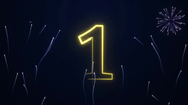 Vibrant Firework Line Art New Year Countdown 3 2 1 Happy New Year Celebration Animation with Glowing Neon Lines, Colorful Firework Effects, Elegant Number Drawing, Festive Midnight Background, Dynamic