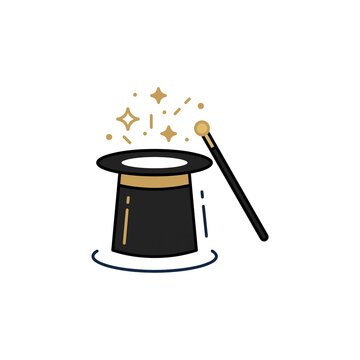 Magician top hat with magic wand and golden sparkles flat vector icon illustration