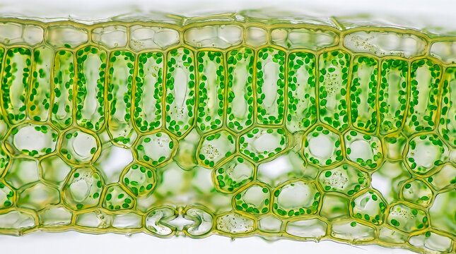 Microscopic section of plant leaf cross-section showcasing palisade mesophyll cells packed with green chloroplasts, spongy mesophyll, and stomatal guard cells. Light micrograph for botany