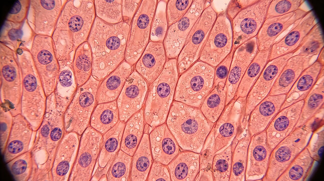 Microscopic histology section of plant epidermal cells displaying clear cell walls, prominent nuclei, and cytoplasm. Light micrograph of plant biology and botany slide layouts