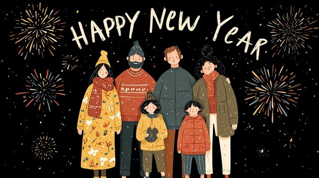 Warm family gathers beneath dazzling fireworks, celebrating a joyous New Year together