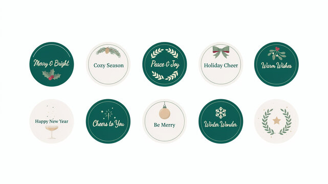 Elegant Christmas and Winter Holiday Badges with Snowflake and Laurel Wreath Decorations for Greeting Cards, Gift Labels, Stickers and Festive Packaging