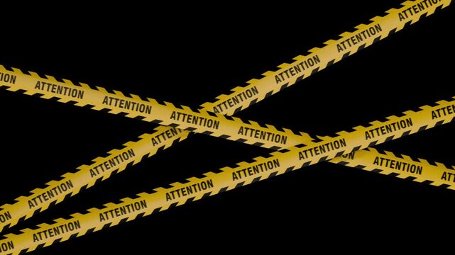 Yellow attention caution tape ribbons criss crossed loop animation with Black background alpha channel.