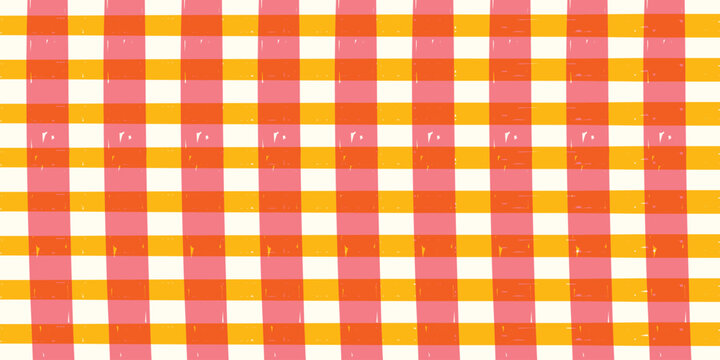 Colorful gingham checkered pattern in pink, orange and yellow creates a warm retro textile look ideal for picnic themes, home decor, wallpaper, fabric and playful summer or party backgrounds.