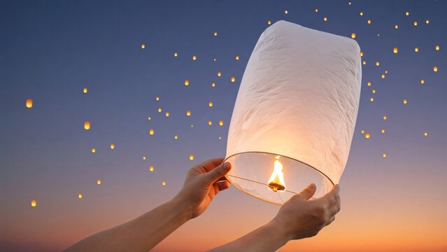 Yi Peng 2026 Thai lantern festival, hands releasing glowing paper sky lantern at dusk with lanterns rising in sky, copy space
