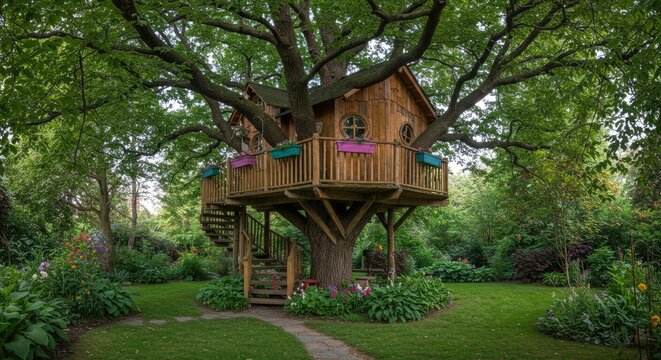 Charming handcrafted wooden tree house nestled in a large oak tree in a lush private garden