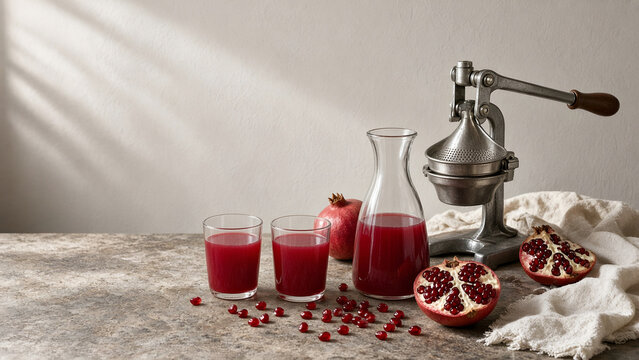 Fresh pomegranate juice in glasses with a vintage hand juicer press
