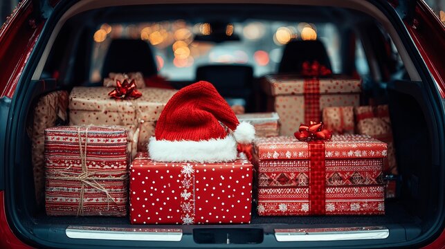 Festive presents and Santa hat inside a car trunk, celebrating holiday cheer and wintertime gift giving traditions