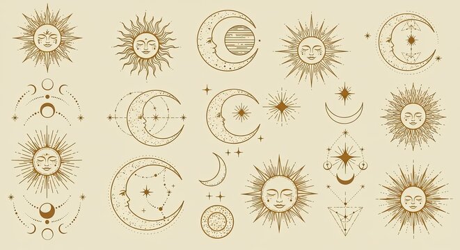 Golden celestial sun and moon vector set with mystical astrology symbols and bohemian crescent faces