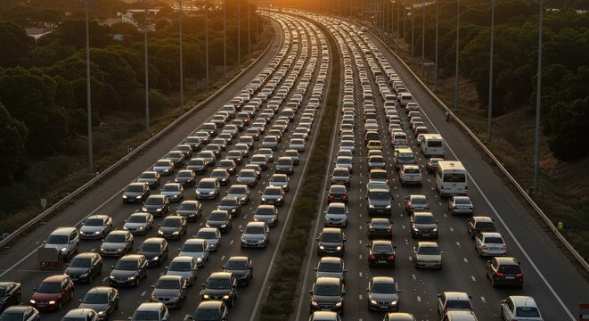 High angle view of massive traffic jam with long rows of cars on a multi-lane highway at sunset