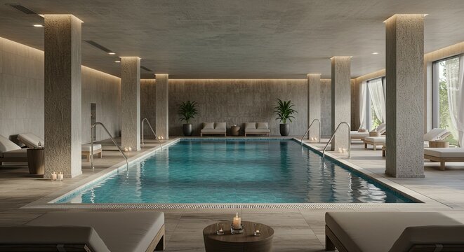 Luxurious Indoor Swimming Pool in a Modern Spa Resort with Ambient Lighting and Relaxing Atmosphere