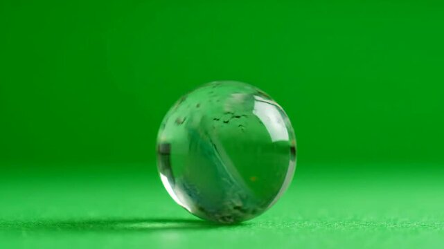 Clear glass marble bouncing up and down on a green surface