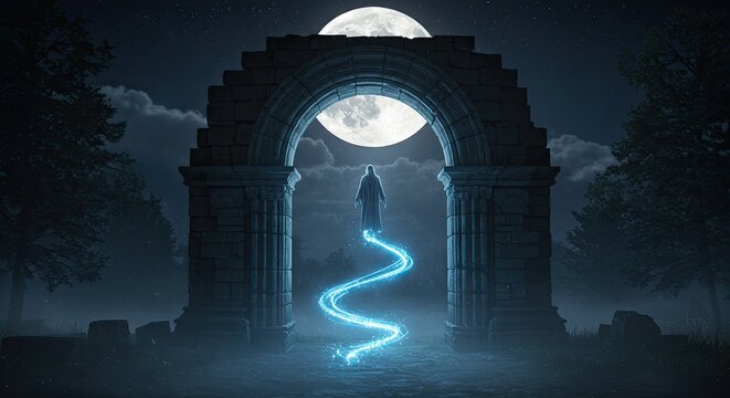Mystical hooded figure levitating in an ancient stone archway under the glow of a large full moon