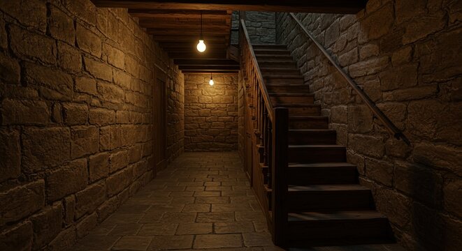 Rustic Stone Wall Interior with Wooden Staircase and Warm Glowing Light Bulbs in Dark Basement