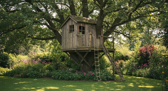 Rustic wooden treehouse in a lush green garden with a rope ladder and blooming summer flowers