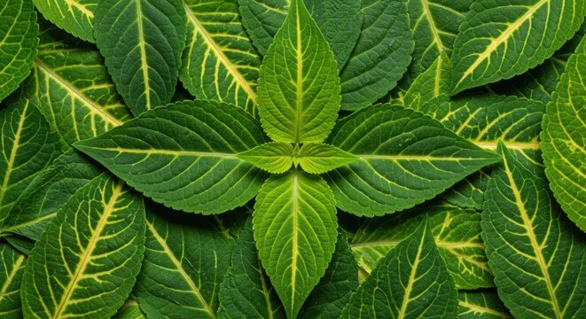 Top down view of lush green plant leaves with vibrant yellow veins pattern background