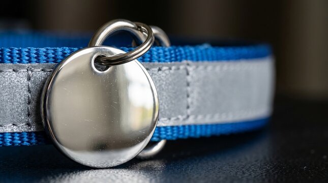 Shiny metal tag attached to a blue pet collar resting on a dark surface
