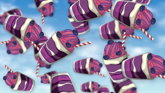 Animated Falling Purple Berry Dessert Cups Over Sunny Blue Sky