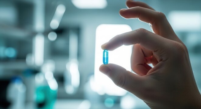 Close-up of a hand holding a single blue capsule in a brightly lit laboratory setting, symbolizing medical innovation and pharmaceutical research.