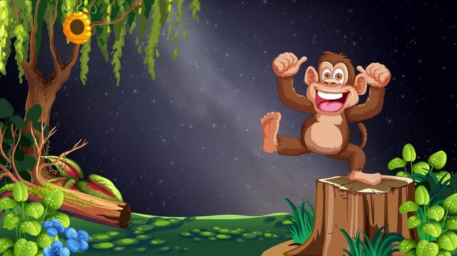 Cartoon Monkey Standing on Tree Stump in Night Jungle Animation