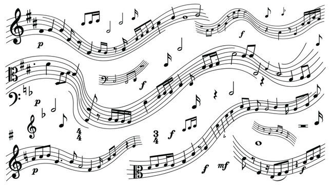 Musical Notes Symphony: A collection of musical notes and staves swirl in a rhythmic dance, creating a visual symphony of sound and melody.