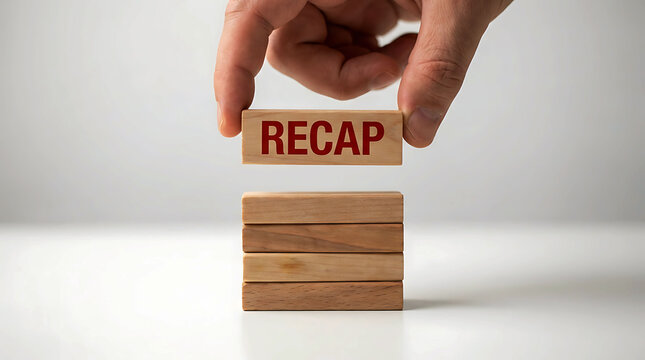 Person placing a wooden block with the word recap onto a stack on white surface