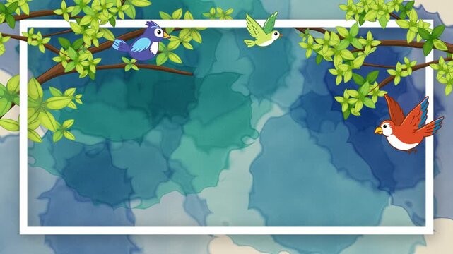 Animated Watercolour Frame with Tree Branches and Colourful Singing Birds