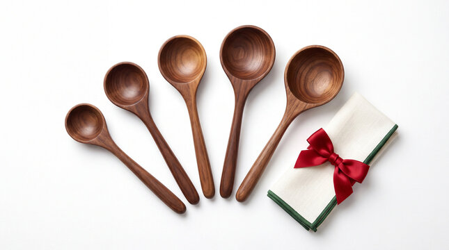 Five wooden measuring spoons isolated on white background.
