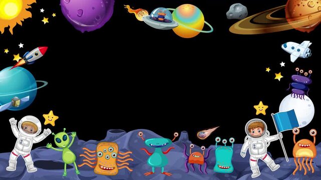 Outer Space Cartoon Frame with Astronauts Aliens and Copy Space Loop