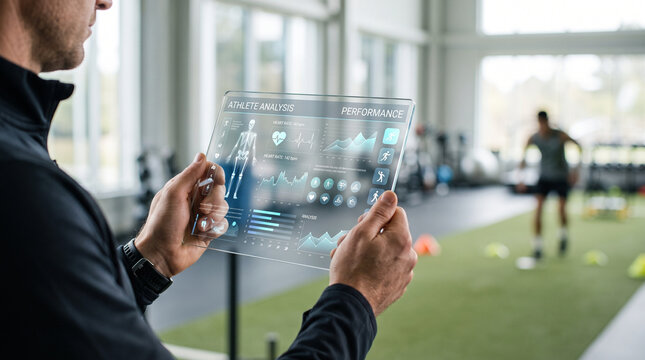 A man in a gym analyzing safety and performance data on a futuristic screen . generated with Ai