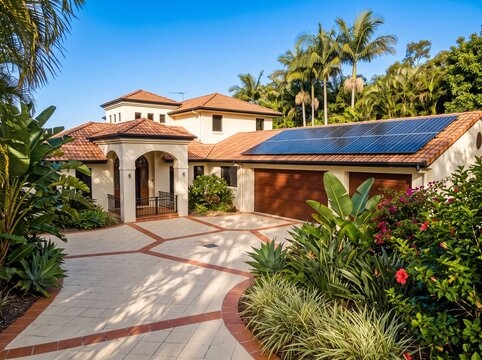 Mediterranean villa with lush garden and solar panels on the roof luxury home solar energy residential architecture tiled roof sunny weather