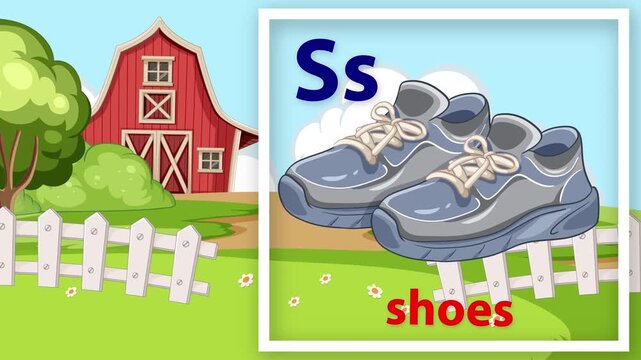 Educational Cartoon Animation for Letter S Featuring Shoes and Farm Background