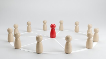 Obraz premium A red wooden figurine stands at the center of a circle formed by multiple neutral colored wooden figures connected by white lines on a surface