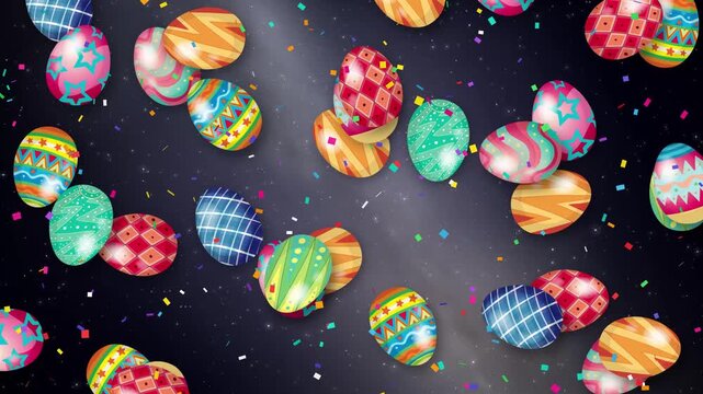 Colorful Patterned Easter Eggs Falling Over Dark Starry Background