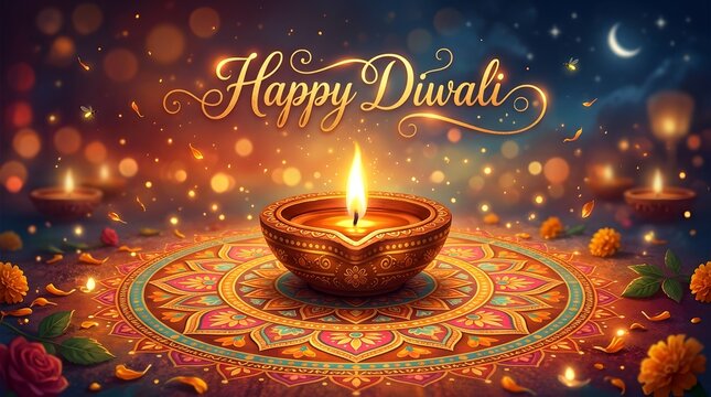 Festive Happy Diwali image of a lit diya oil lamp placed on an intricately designed circular rangoli pattern, warm bokeh lights in orange red and yellow, scattered flower petals, smaller diyas glowing