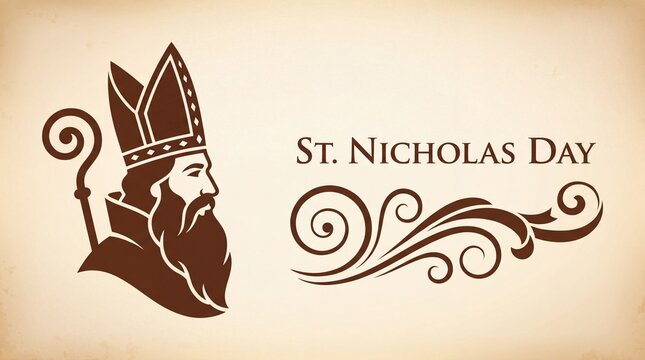 A elegant silhouette of Saint Nicholas with a bishop's mitre and crozier, featuring festive calligraphic flourishes and St. Nicholas Day text in brown