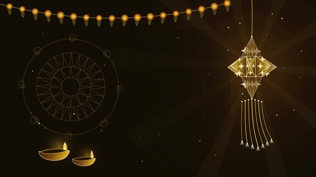 Glowing Diwali kandil lantern and diya lamps with marigold garland motion background