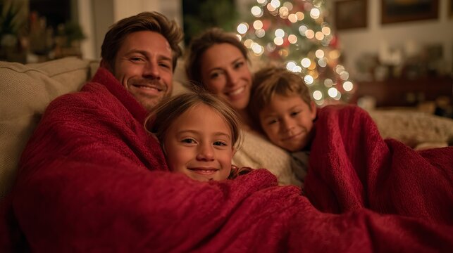 Cozy family gathered on a sofa, embracing warmth and joy, celebrating Christmas, a heartwarming holiday moment