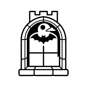 Black and white gothic arched castle window icon featuring a flying bat and a full moon for Halloween