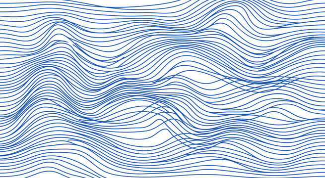 Abstract background featuring multiple blue horizontal wavy lines flowing across a clean white surface area