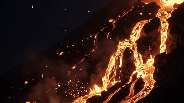 Volcanic lava flow erupting down mountain slope with glowing magma and smoke